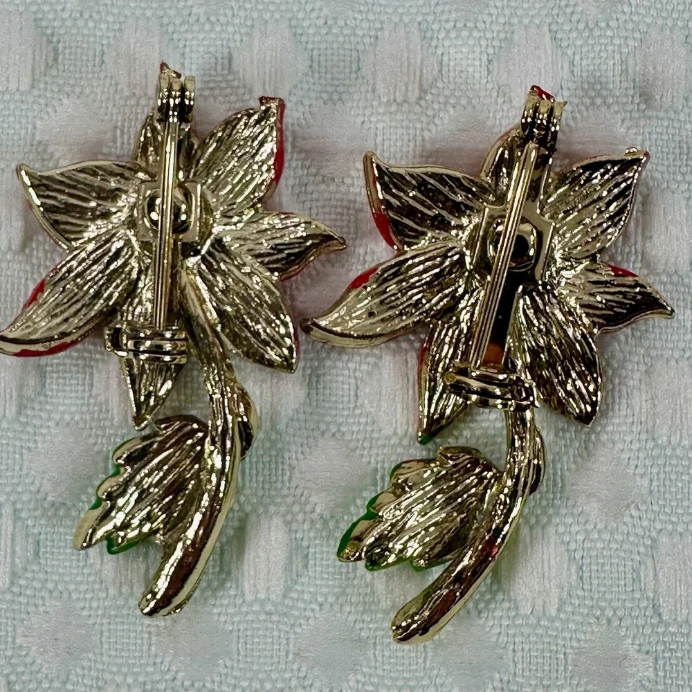 Christmas Holiday Brooch Pin Set Poinsettia Candy Cane Tree‎ Rhinestone Festive